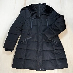 Guess Women Jacket L Black Quilted Parka Faux Fur Hooded Pockets Full Zip Bib - Picture 1 of 15