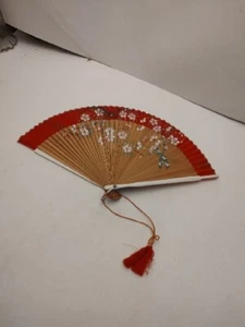 Vintage Red Paper And Bamboo Hand Fan W/Flowers - Picture 1 of 10