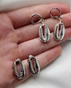 Set Of 2 Silver Sea Shell Huggie Hoop Stud Earrings New