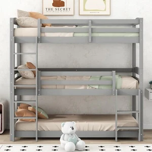 Etagenbett Kinderbett teilbar Hochbett für 3 Kinder 90x200 cm Kiefernholz Grau - Bild 1 von 10