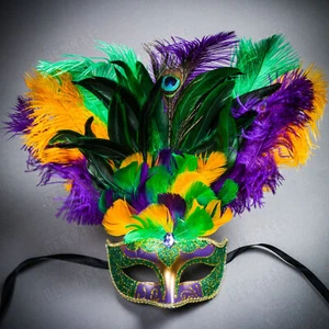 Venetian MardiGras Green Glitter Masquerade Tall Feather Women Face Mask Green - Picture 1 of 6
