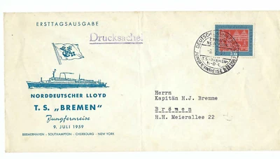 SHIP   T.S.  ''BREMEN'  TO KAPITAN H.J. BREMME  JUL.  1959   BREMEN-  GERMANY - Image 1 of 2