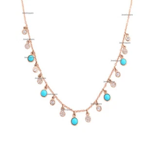 14k Yellow Gold Turquoise Disc Diamond Station Pendant Chain Necklace Jewelry - Picture 1 of 2