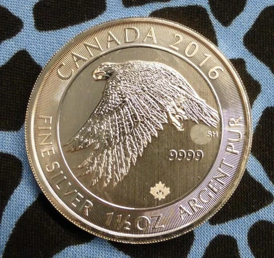Moneda de 8 dólares Canadá 2016 1,5 onzas .9999 plata fina nevada Gyrfalcon Wildlife, 1,5 oz Foto 1 de 4