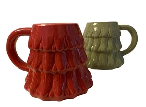Momentum Brands Pair Ceramic Christmas Tree Shaped Mugs Red Green Holiday 3D - Picture 1 of 24