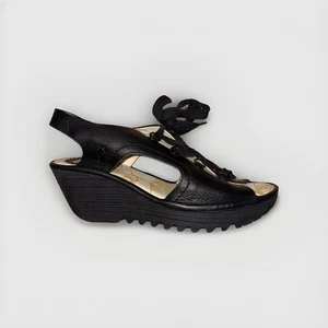 FLY London Yifa Black Leather Lace-Up Wedge Sandals Women’s Size 8–8.5 - Picture 1 of 8