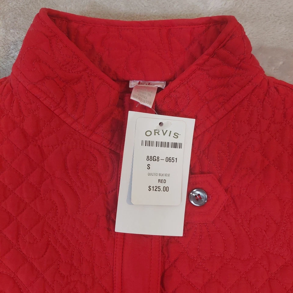 Chaleco de seda acolchado Orvis rojo talla S para mujer sin mangas cremallera frontal cuello con botones Foto 1 de 4