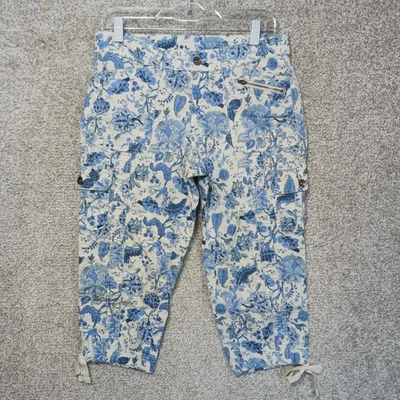 Faded Glory Pants Womens 10 Blue White Floral Cargo Capri Drawstring Stretch - Image 1 of 4