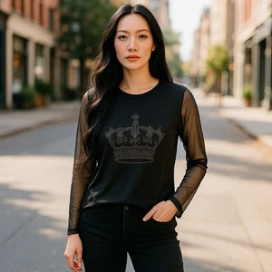 * Nuevo con etiquetas Top túnica negro YEST corona con lentejuelas mangas transparentes damas talla 6 - Imagen 1 de 8