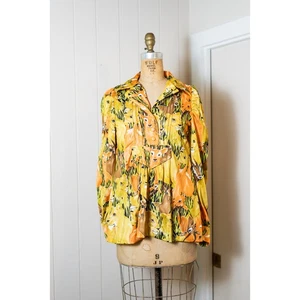 Blusa túnica safari vintage años 70 estampado animal, naranja amarilla funky hippie, M - Imagen 1 de 10