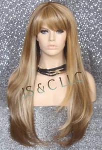 Echthaar Mischung Vollperücke 27" Körper Glatt Lang Hitze OK Dunkelblond Braun RMSK - Bild 1 von 8