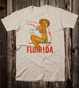 Retro Travel Tee T Shirt Vtg Art Tourist Souvenir State Florida Pinup Girl - Picture 1 of 9