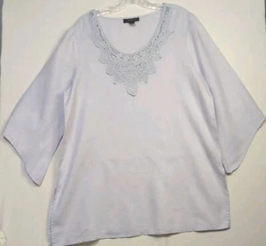 August Silk Light Blue Linen 3/4 Flutter Sleeve Tunic Style Blouse Size Large - Picture 1 of 8
