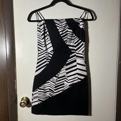 Mystic Mini Dress Sz Medium Bodycon Strapless Black White Geometric Women Padded - Image 1 of 4