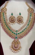 Indian Gold Plated Bollywood Style CZ Jewelry Necklace Long Haram Earrings Set