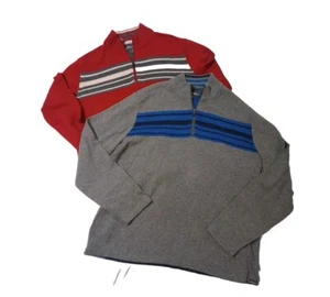 Eddie Bauer Stripe Wool Blend Mock Neck 1/4 Zip Sweater Sz XL Set Red Gray - Picture 1 of 8
