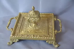 SUPERB ANTIQUE VICTORIAN CAST GILT BRASS INKWELL C 1890 - Picture 1 of 18