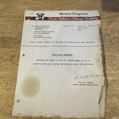 Vintage 1961Massey Ferguson MF 35 Tractor  Parts Release Bulletin Amendment - Image 1 of 3