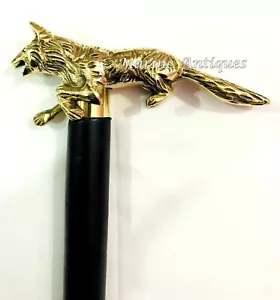 Brass Victorian Wolf Head Handle Vintage Style Black Wooden Walking Stick Cane - Picture 1 of 4