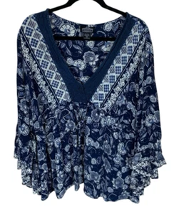 Women's Angie Blue White Floral Long Bell Sleeve Drawstring Waist Top 2X Boho - Picture 1 of 7