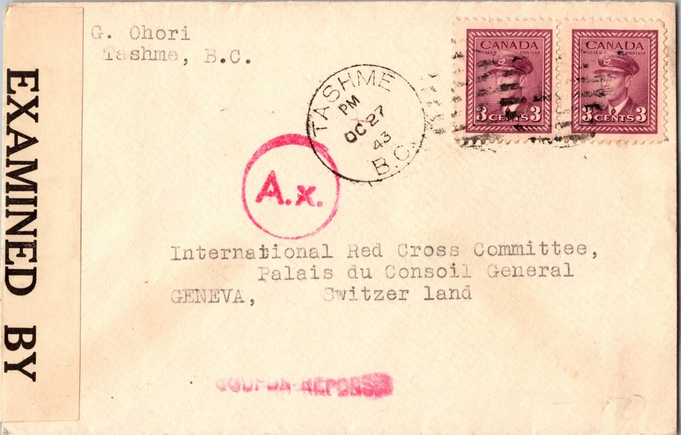 1943 Canada Tashme Censored Mail Cover To Red Cross Committee Geneva Switzerland Foto 1 de 2