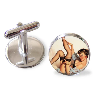 Gemelos vintage pin-up niña hechos a mano Reino Unido plateados redondos 16 mm regalo en caja Foto 1 de 4