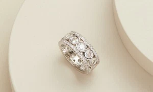 Sterling Silver Crystal Halo Cz Eternity Band Ring Made with Swarovski Elements - Picture 1 of 3