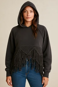 We The Free Macrame Fringe Hoodie Sweatshirt Womens Medium Boho Festival Cropped - Picture 1 of 13