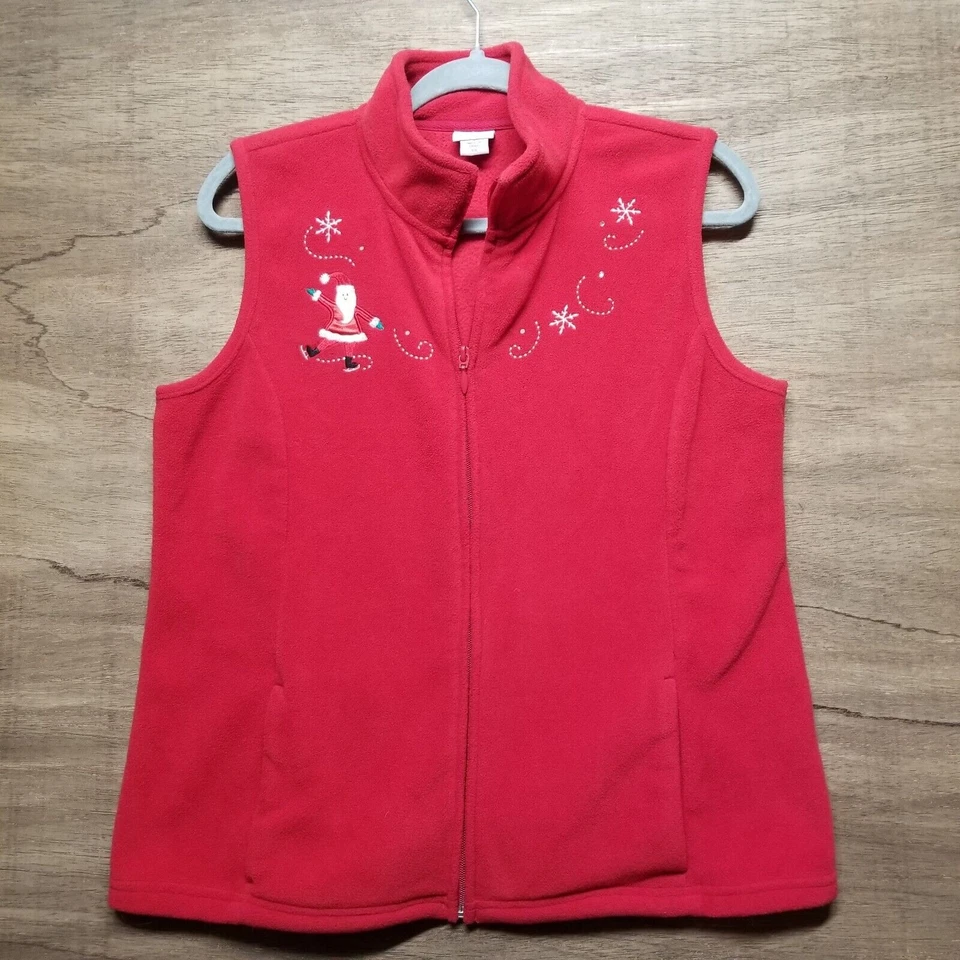 Holiday Editions Womans Size S Red Santa Christmas Zip Front Fleece Vest - Image 1 of 4