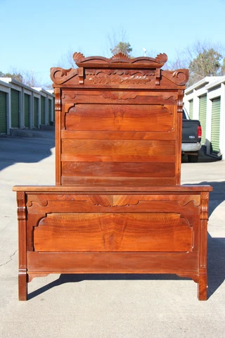 Walnut Victorian Aesthetic Eastlake High Back Bed with Whale Tail Crown Cover