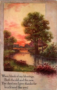 Escena pastoral al atardecer y puente sobre corriente 1915 postal vintage 25438 - Imagen 1 de 2