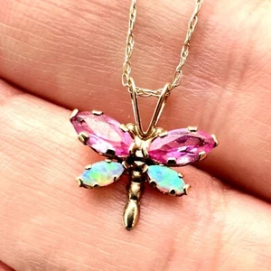 Womens Necklace 10K Yellow Pink Sapphire Opal Butterfly Pendant - Picture 1 of 5