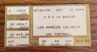 USC Trojans Baylor Bears Football Ticket Stub 9/24 1994 Keyshawn Johnson Walters - Image 1 of 2
