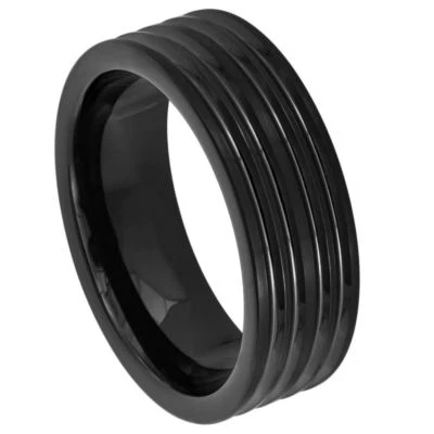 Anillo de tungsteno unisex negro enchapado en IP con líneas ranuradas Foto 1 de 2
