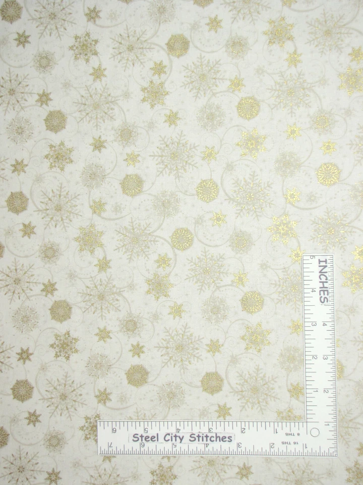 Elegant Christmas Snowflake Swirls Gold Cotton Fabric Blank Textiles By The Yard - Image 1 of 1