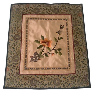 Single Vintage Flower Bird Asian Chinese Japanese Silk Embroidery Tapestry Panel - Picture 1 of 4