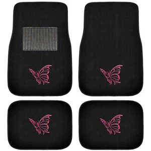 New 4pc Set BUTTERFLY PINK Auto Car Truck Front Back Carpet Floor Mats - Picture 1 of 5