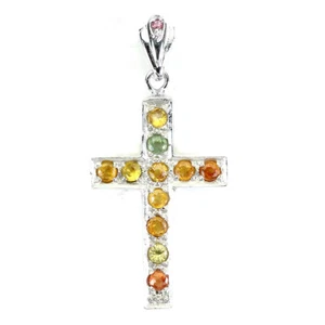 925 Argento Sterling Rotondo Zaffiro 3mm Rodolite Granato Croce Ciondolo - Foto 1 di 10