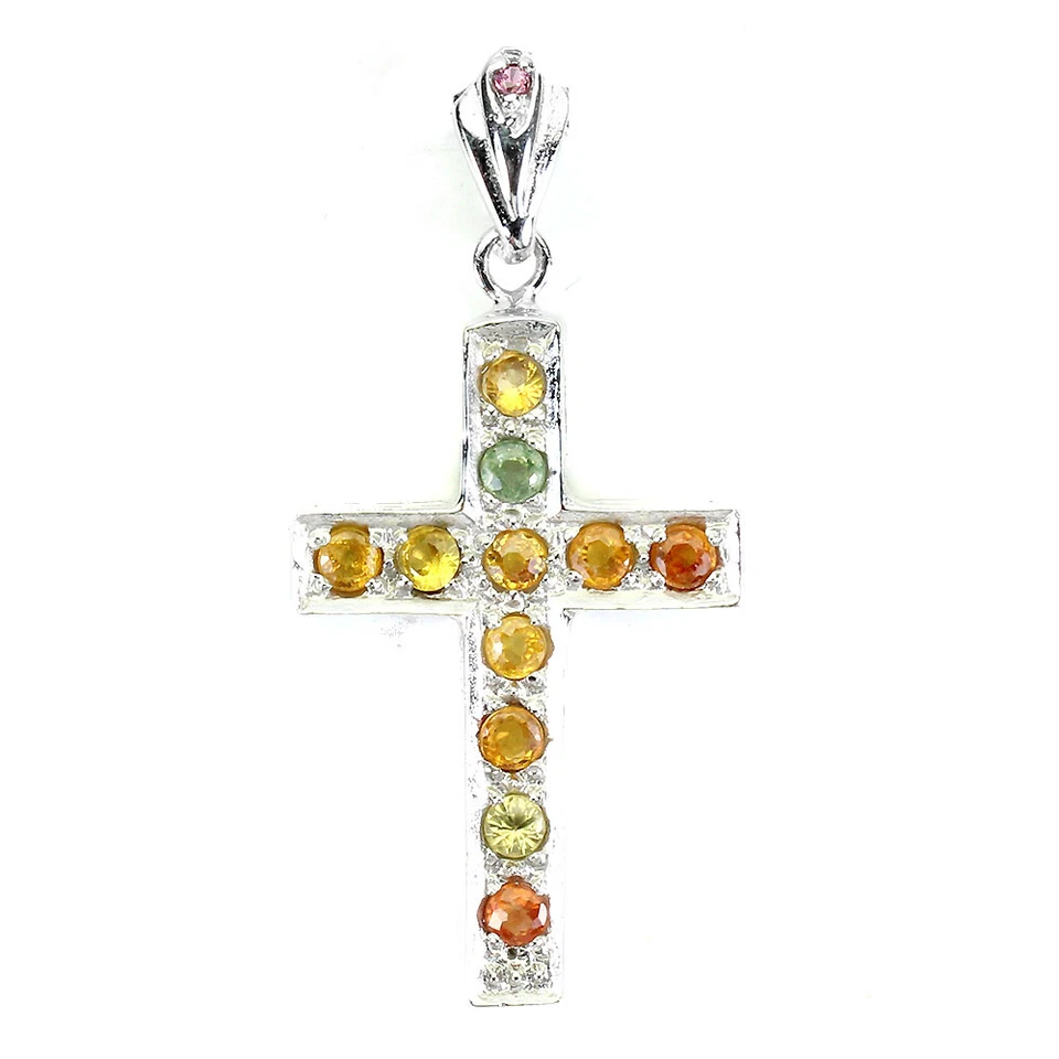 925 Argento Sterling Rotondo Zaffiro 3mm Rodolite Granato Croce Ciondolo - Immagine 1 di 4