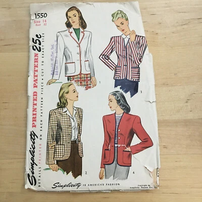 Vintage 1930-40s Simplicity pattern 1550 women's jacket blazer cut size 14 - Image 1 of 2