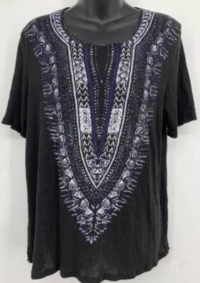 Raquel Allegra Blouse Top Size Small S Black Blue Short Sleeve Scoop Boho New Foto 1 de 4