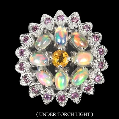 Unheated Oval Fire Opal 5x3mm Citrine Rhodolite 925 Sterling Silver Ring Size 8 - Image 1 of 4