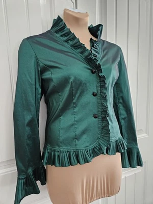 Blazer Adrianna Papell Evening Essentials verde esmeralda con volantes de tafetán talla XL Foto 1 de 4