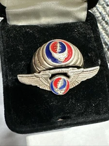 GRATEFUL DEAD Sterling Silver PILOTS Flight WINGS & STEAL YOU FACE RIPPLE Ring - Picture 1 of 9