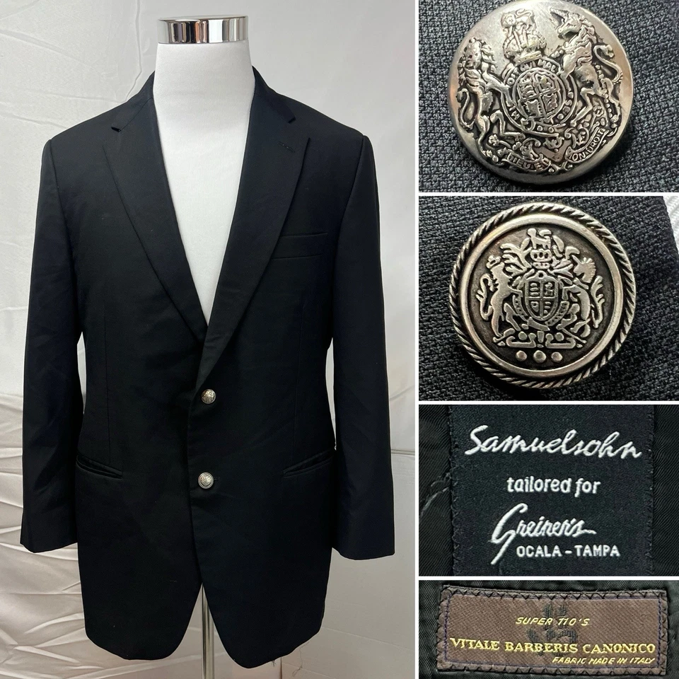 Chaqueta Blazer Samuelsohn Para Hombre 42R Negra Plateada 2 Botones Super 110 Lana Barberis Foto 1 de 4