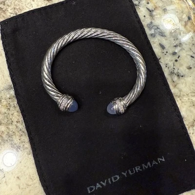 David Yurman pulseira cabo 10mm prata esterlina azul calcedônia e diamantes - Imagem 1 de 4