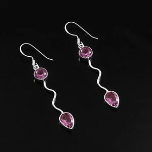 Snake Sterling Silver Amethyst Long Dangle Earrings Designer Wave Earrings Women - Picture 1 of 8
