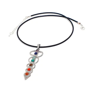 7 Chakra Necklace Long Silver Plated Snake Pendant Leather Cord Collar Boho - Picture 1 of 15