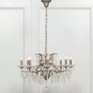 French 8 Arm Branch Antiqued Silver Shallow Cut Glass Chandelier Ceiling Light - Picture 1 of 3