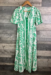 Monsoon Lani Maxi Dress Size Small White Green Shirt Linen Tropical Leaf Print - Picture 1 of 10